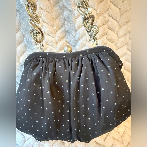 Betsey Johnson Black and Shiny Polka Dot Handbag with Silver Chain - Picture 2 of 8